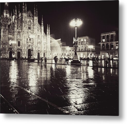 People Metal Print featuring the photograph Duomo Cathedral At Night Under Rain by Anouchka