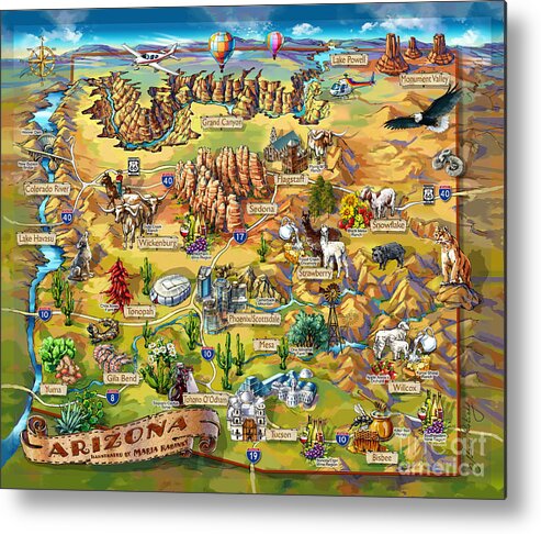 Arizona Map Metal Print featuring the painting Illustrated Map of Arizona by Maria Rabinky
