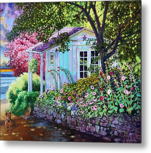 Garden Metal Print featuring the painting Little White Garden Shed by John Lautermilch