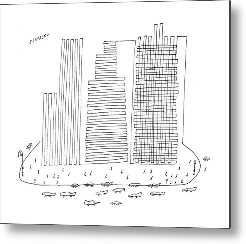 93045 Sst Saul Steinberg (drawing Of Three Skyscrapers And Cars Going By.) Apartment Apartments Building Cars City Drawing Estate ?at Going Home Homes House Manhattan Neighborhoods New Nyc Real Regional Rent Skyscrapers Spot Sstoon Three Urban York Metal Print featuring the drawing New Yorker April 13th, 1957 by Saul Steinberg