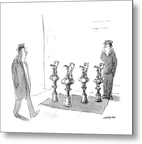 No Caption
Peddler On Street Sells Copies Of America's Cup. 
No Caption
Peddler On Street Sells Copies Of America's Cup. 
Trophy Metal Print featuring the drawing New Yorker February 16th, 1987 by James Stevenson