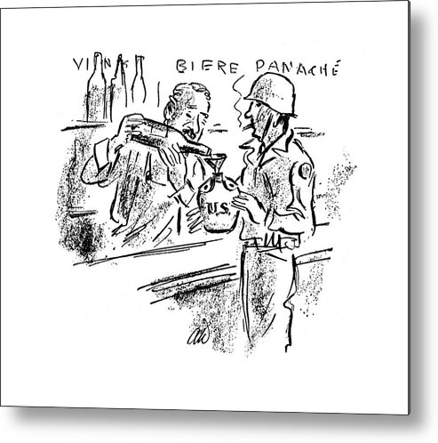 113678 Adu Alan Dunn Soldier Filling His Water Canteen With Wine. Alcohol Army Canteen Corps Drink Drinking ?lling France French Liberate Liberated Liberation Marine Marines Military Soldier Soldiers War Water Wine Wines World Metal Print featuring the drawing New Yorker November 4th, 1944 by Alan Dunn