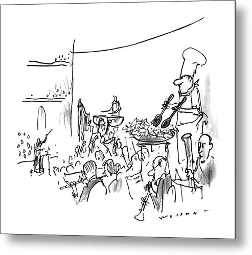 No Caption
In The Middle Of An Orchestra Stands A Chef Tossing Salad In A Bowl. 
No Caption
In The Middle Of An Orchestra Stands A Chef Tossing Salad In A Bowl. Music Metal Print featuring the drawing New Yorker October 7th, 1996 by Bill Woodman