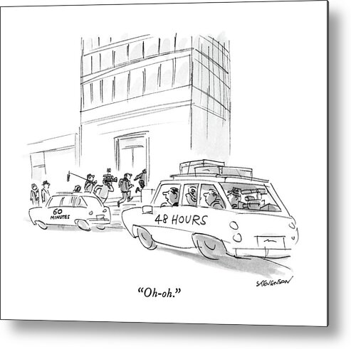 

 People In Car Marked Are Behind Car Marked -- They've Arrived Too Late At A News Scene.
News Metal Print featuring the drawing Oh-oh by James Stevenson