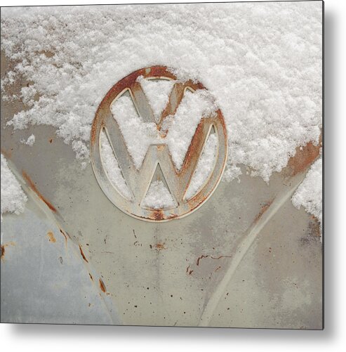 Bus Metal Print featuring the photograph Pale Gray VW Bus Nose Dusted With Snow by Richard Kimbrough