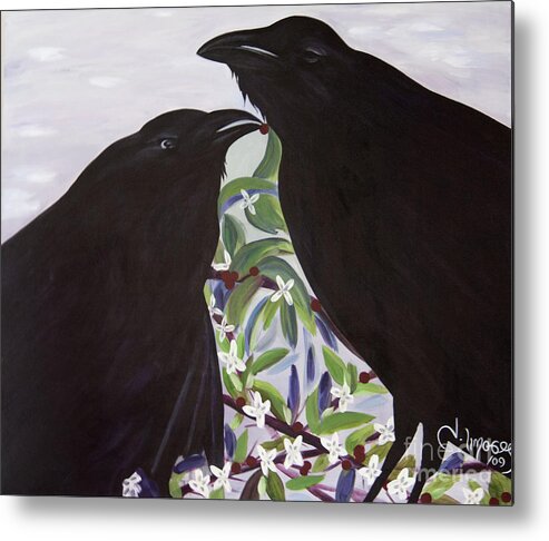 #raven #nature #wildlife #animal #treebranch #prints #painting #fineart #art #images Metal Print featuring the painting Ravens Song by Jacquelinemari