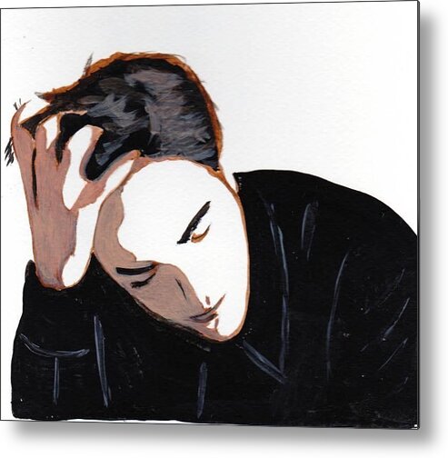 Robert Pattinson 78 Famous People Filmstar Actor Movies Faces Paintings Acrylic Black And White Metal Print featuring the painting Robert Pattinson 78 by Audrey Pollitt