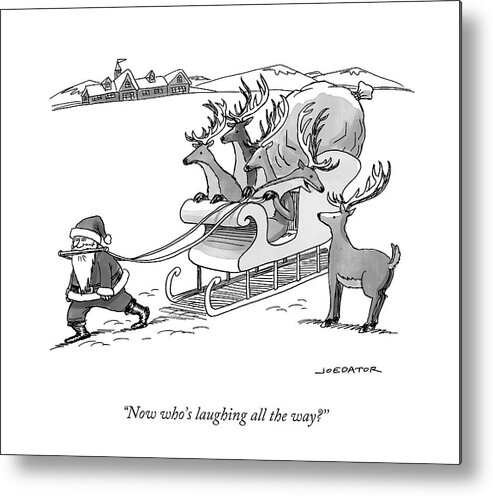 #faaAdWordsBest Metal Print featuring the drawing Santa Claus Pulls A Sleigh Full Of Reindeer by Joe Dator