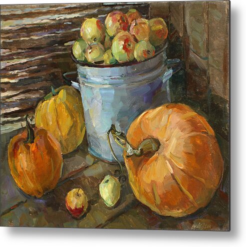 Still Life Metal Print featuring the painting Still life with pumpkins by Juliya Zhukova