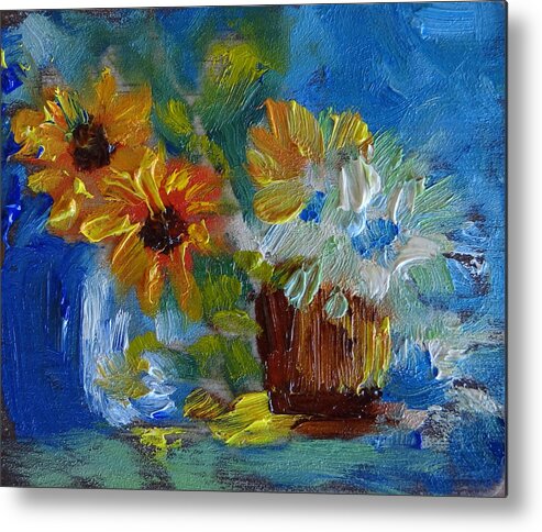 Sunflowers Metal Print featuring the painting Sunflowers in a Mason Jar Miniature by Carol Berning