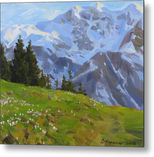 Mountains Metal Print featuring the painting The evening in mountains by Victoria Kharchenko