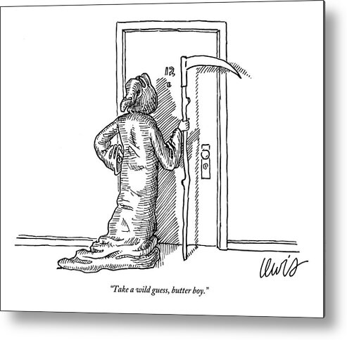 Guess Metal Print featuring the drawing The Grim Reaper Knocks On An Apartment Door by Eric Lewis
