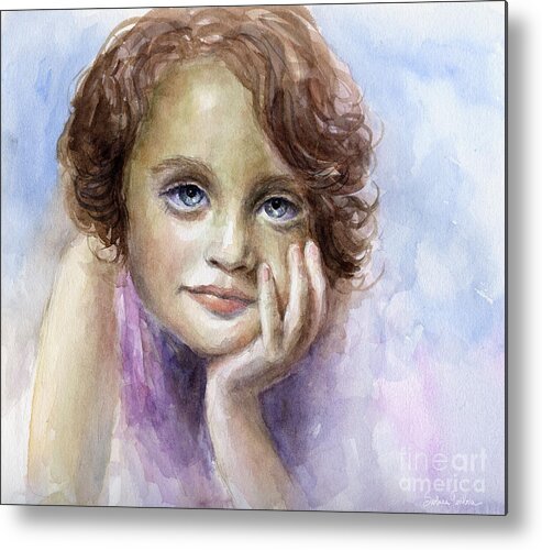 Child Portrait Metal Print featuring the painting Young girl child watercolor portrait by Svetlana Novikova