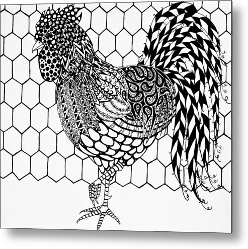 Rooster Metal Print featuring the drawing Zentangle Rooster by Jani Freimann