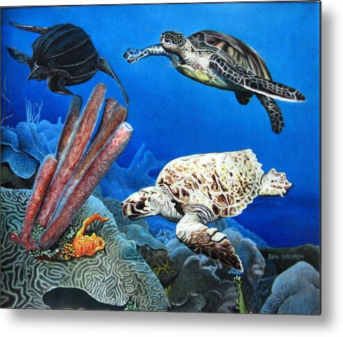Sea Turtles Metal Print featuring the painting MacTurtles by Ben Saturen