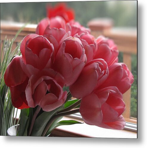 Pink Metal Print featuring the photograph Pink Tulips in Vase by KATIE Vigil