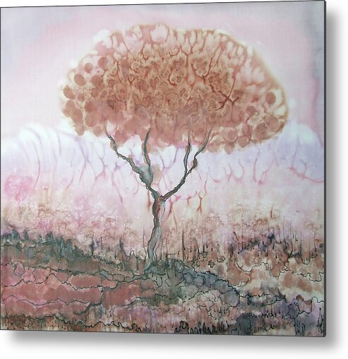 Silk Metal Print featuring the painting Silk Tree in brown and purple by Rachel Hershkovitz
