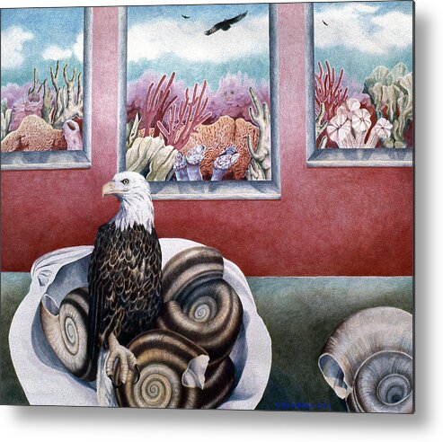 A Bold Eagle In A Surreal Shell Metal Print featuring the drawing The Dream by Kyra Belan