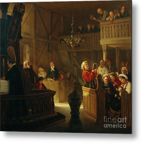 Adolph Tidemand Metal Print featuring the painting Service in a norwegian country church #1 by Adolph Tidemand