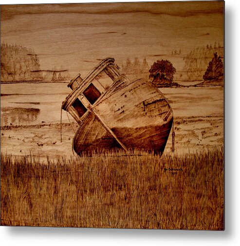 Fishing Boat; Pyrography Metal Print featuring the pyrography Abandoned by Jo Schwartz