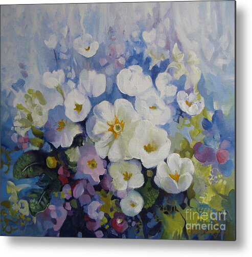 Primrose Metal Print featuring the painting Blue spring by Elena Oleniuc