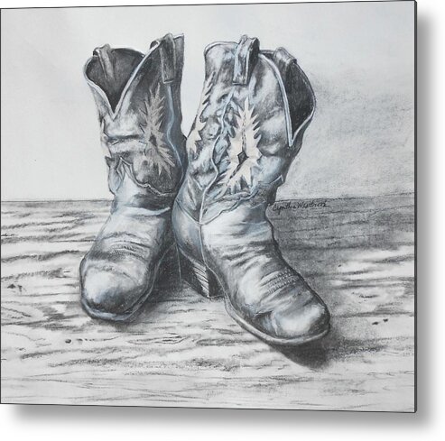 Artwork Metal Print featuring the drawing Boots at the End of the Day by Cynthia Westbrook