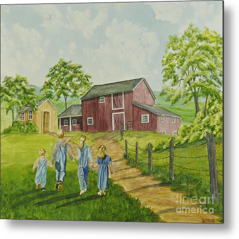Country Kids Art Metal Print featuring the painting Country Kids by Charlotte Blanchard