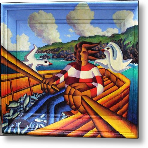 Fisherman Metal Print featuring the painting Fisherman In Boat With Gulls Painted On To Frame 3 by Alan Kenny