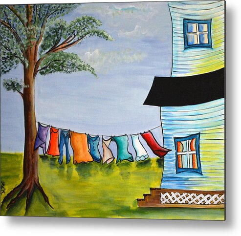A Summer's Evening And The Wash Is Waiting To Be Taken Down Of The Clothes Line. Metal Print featuring the painting Hangin by Heather Lovat-Fraser