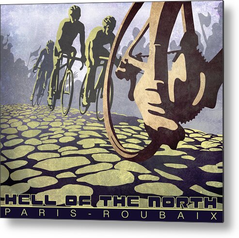 Hell Of The North Retro Cycling Illustration Poster Metal Print featuring the painting HELL OF THE NORTH retro cycling illustration poster by Sassan Filsoof
