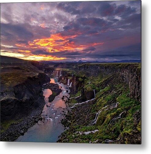 Iceland Metal Print featuring the photograph Sunrise explodes at Hrauneyjafoss by Usha Peddamatham