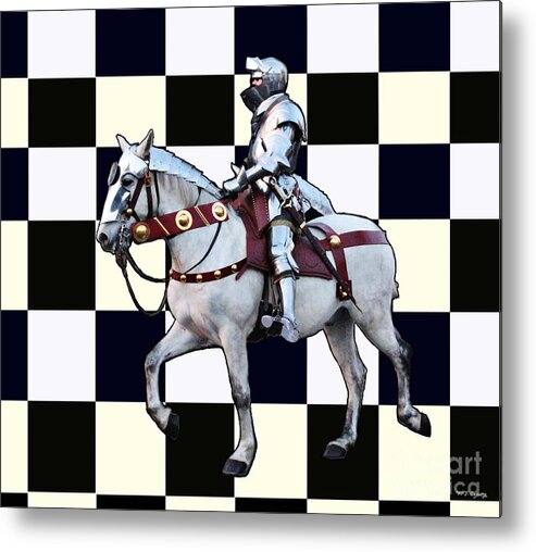 Knight Metal Print featuring the photograph Knight on white horse with Chess board by Tom Conway