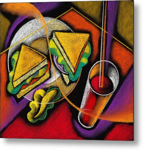 Bowl Close Up Color Image Concept Convenience Dinner Food And Drink Fork Grape Hamburger Illustration Illustration And Painting Lunch Macaroni Macaroni And Cheese Nobody Sandwich Square Image Still Life Variety Assortment Bread Close-up Color Colour Cutlery Drawing Food Fruit Ground Beef Meal Mince Pasta Square Still-life Abstract Painting Decorative Art Metal Print featuring the painting Lunch by Leon Zernitsky