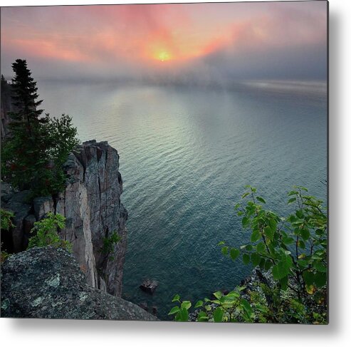 Sunrise-lake Superior Sunrise-great Lakes-shoreline-landscape-cliffs-morning Drama - Palisade Head Metal Print featuring the digital art Morning Breaks by Gregory Israelson