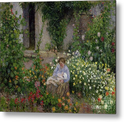 Mother Metal Print featuring the painting Mother and Child in the Flowers by Camille Pissarro