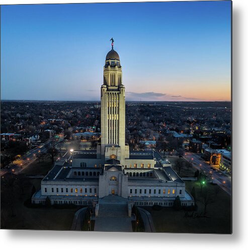 Nebraska State Capitol Metal Print featuring the photograph Nebraska State Capitol at Sunset by Mark Dahmke
