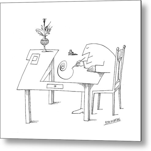 82326 Sst Saul Steinberg (a Man Sits At A Desk With A Vase Of Flowers On One Corner Drawing A Spiral In Ink On The Air.) Man Sits Desk Vase Flowers One Corner Drawing Spiral Ink Air Art Artwork Artist Artistic Humanities Painting Canvas Surreal Paintings Artists Metal Print featuring the drawing New Yorker May 29th, 1965 by Saul Steinberg