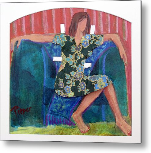 Paper Doll Dress Covering Nude In Big Green Chair Metal Print featuring the painting Nude in Paper Doll Dress by Betty Pieper