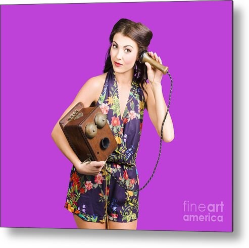 Reception Metal Print featuring the photograph Retro receptionist on vintage telephone. Call us by Jorgo Photography