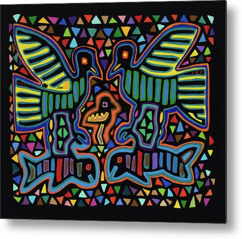 San Blas Designs Trapunto Quilts Acrylic Painting Ancient Designs Mole Primitive Painting Primitive Design Black Green Blue Yellow Metal Print featuring the painting San Blas III by Pat Saunders-White