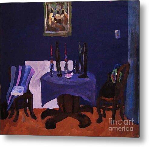 Talbe Chairs Dining Room Candles Blue Painting Metal Print featuring the painting The Dining Room by Reb Frost