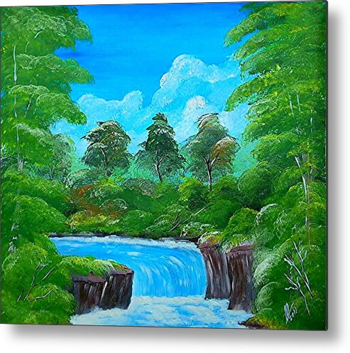 Waterfalls. Landscape. Fine Art. Modern Art. Trees. Sunshine. Streams. Clouds. Rocks. Running Water. Tropical Gardens. Nature. Forest. Woodland . Original Acrylic On Canvas . Impressionism Realism . Metal Print featuring the painting Tropical Falls by Collin A Clarke