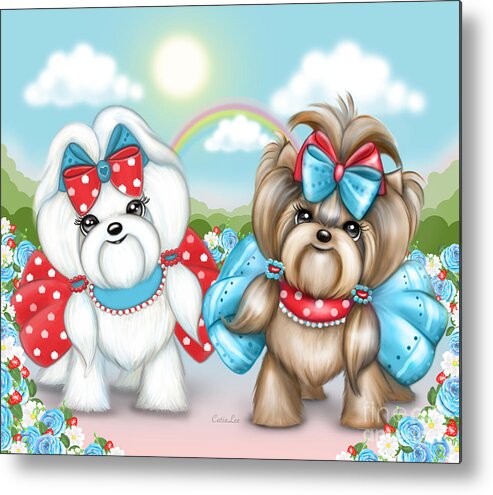 Maltese Metal Print featuring the painting Welcome Spring Maltese and Yorkie by Catia Lee