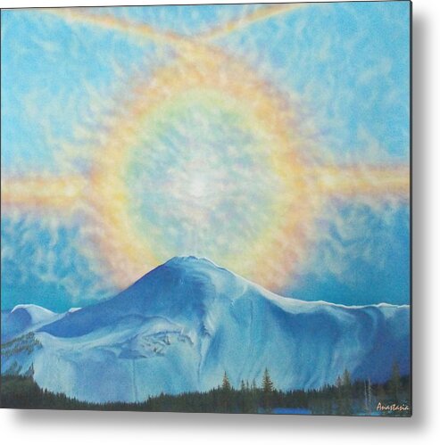 Sun Rainbow Metal Print featuring the painting Who Makes The Clouds His Chariot Fire Rainbow Over Alberta Peak by Anastasia Savage Ealy