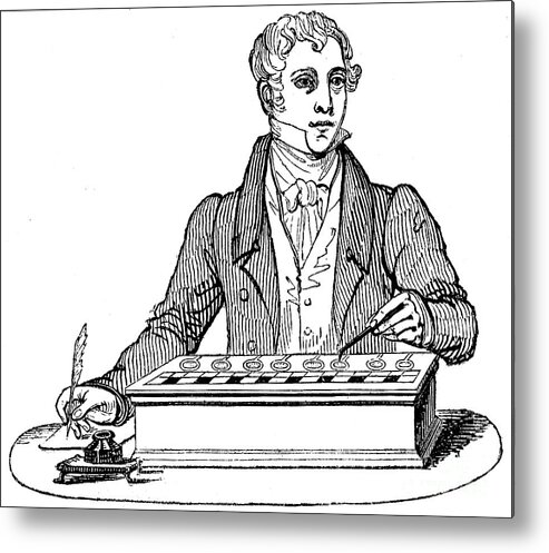 Working Metal Print featuring the drawing Clerk Using A Pascal Adding Machine #1 by Print Collector