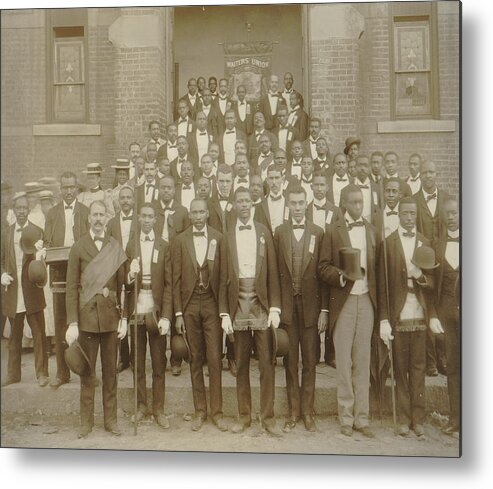 Negroes Metal Print featuring the painting African American men posed at entrance to building, some with derbies and top hats, and banner labeled Waiters Union in Georgia by Unknown