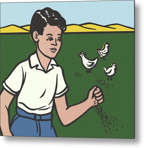 Adolescence Metal Poster featuring the drawing Boy Feeding Three Chickens by CSA Images