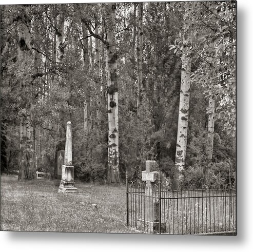 Cataldo Idaho Metal Print featuring the photograph Cemetery at Cataldo Mission BW by Cathy Anderson