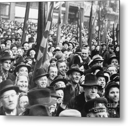 Crowd Of People Metal Print featuring the photograph Cheering Czechs In Square W Flag by Bettmann