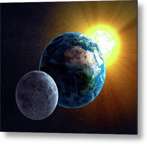 Solar System Metal Print featuring the digital art Earth, Moon And Sun, Artwork by Science Photo Library - Andrzej Wojcicki